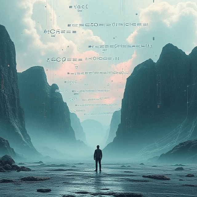 A person in a glitchy, pixelated world with floating equations, exploring simulation theory and reality physics.