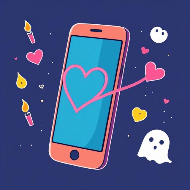 Smartphone showing dating app impacts with a heart swipe trail and digital romance icons.