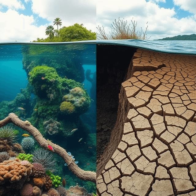 Split image contrasting a healthy ecosystem with a climate change ecosystem collapse scene