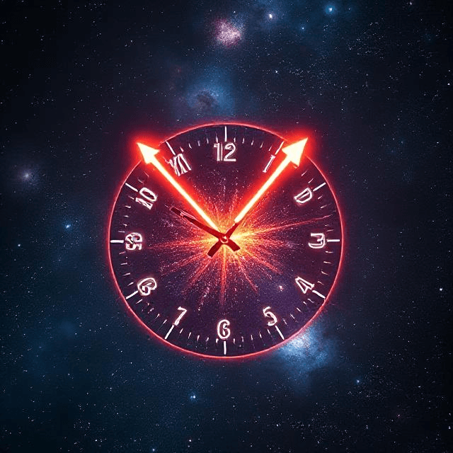 Quantum clock displaying two arrows of time in the quantum realm, glowing against a nebula backdrop.