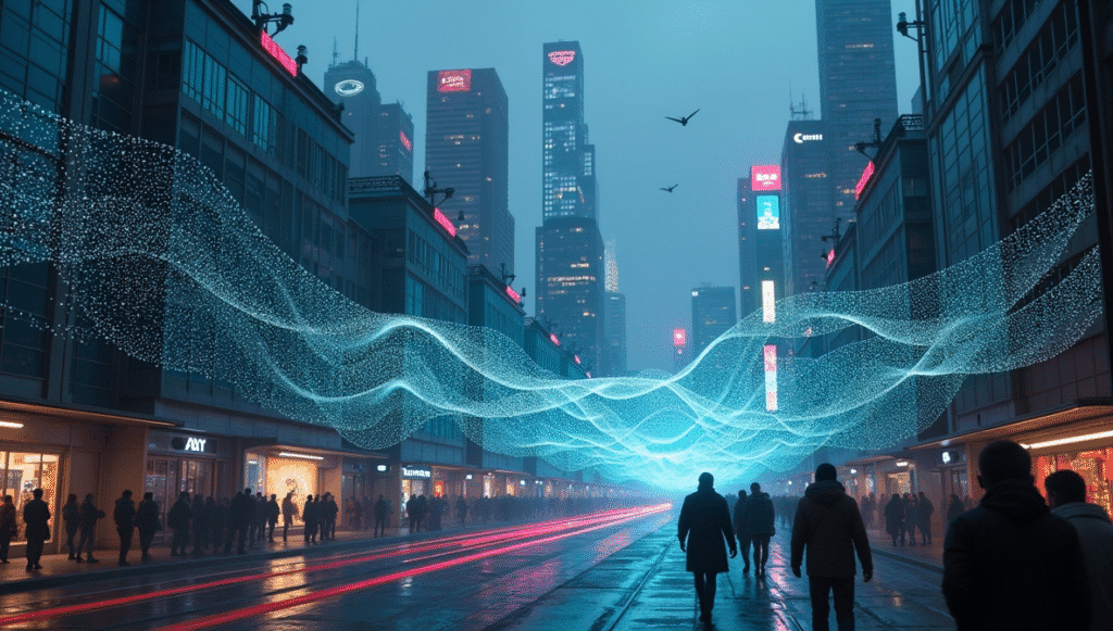 Futuristic smart city illustration with IoT sensors, AI traffic systems, and modern skyline, highlighting urban technology and connectivity.