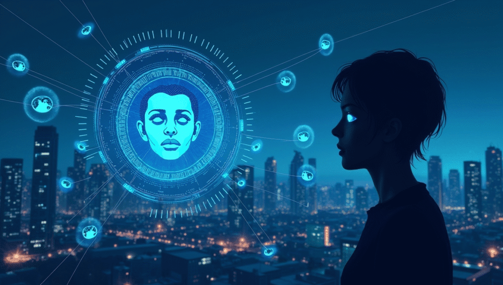 Smart city surveillance camera network illustration, showing facial recognition and data streams in a modern urban setting, highlighting digital privacy concerns.