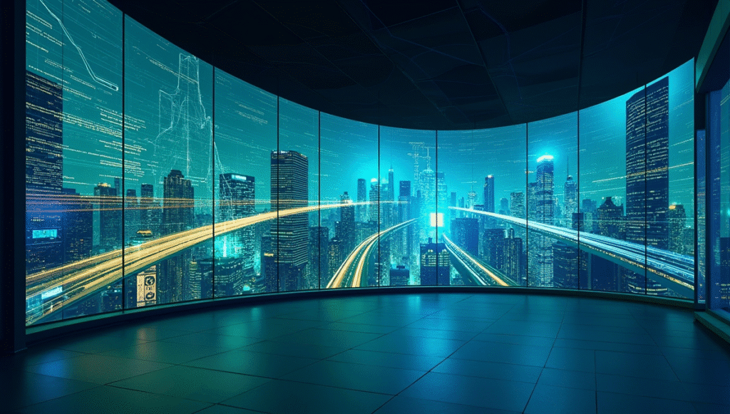 Smart city data hub illustration with glowing screens showing traffic and surveillance data, reflecting urban technology and digital privacy concerns.