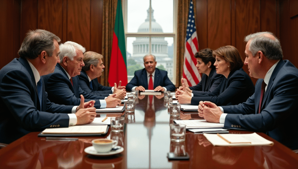 Diplomats negotiating, representing the potential sanctions effectiveness as diplomatic tools.