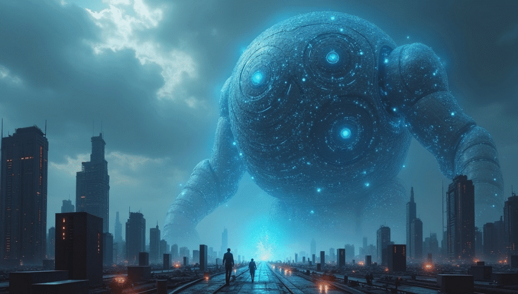 Artificial superintelligence towering over humanity, highlighting the AI extinction risk.