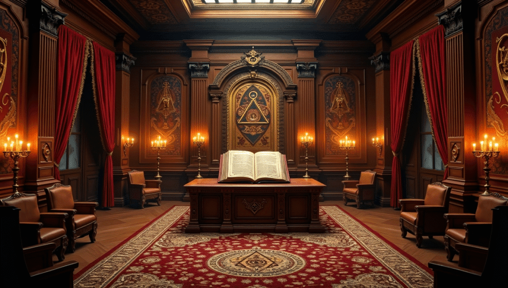 A Masonic lodge interior, rich with symbols of Freemasonry and secret teachings, reflecting esoteric knowledge.