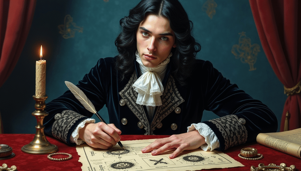 The Count of Saint Germain in his mysterious youth, blending knowledge and intrigue against a backdrop of European history.