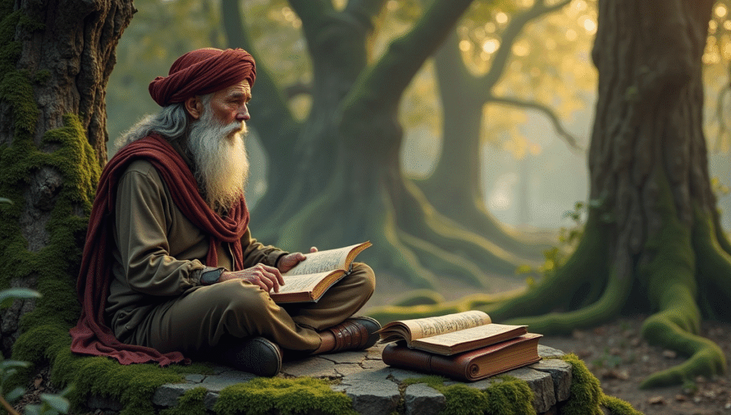 A philosopher contemplates esoteric knowledge, surrounded by nature and the secret teachings of the ages.