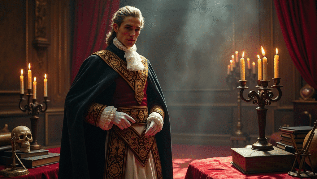 The Count of Saint Germain in a Freemasonry setting, surrounded by symbols of mystery and brotherhood.