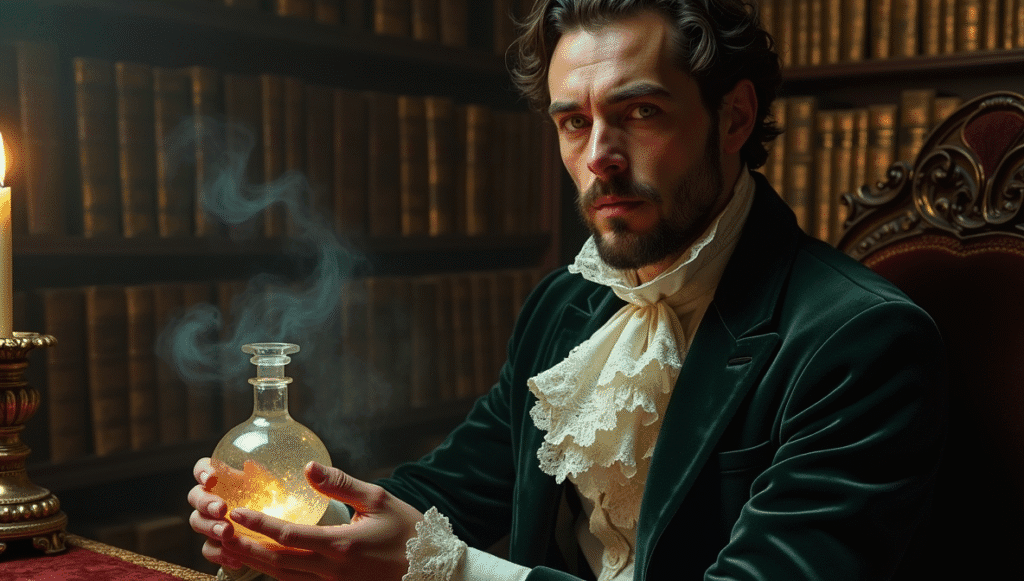 The Count of Saint Germain with an alchemical vial, hinting at his Freemasonry secrets and mysterious legacy.