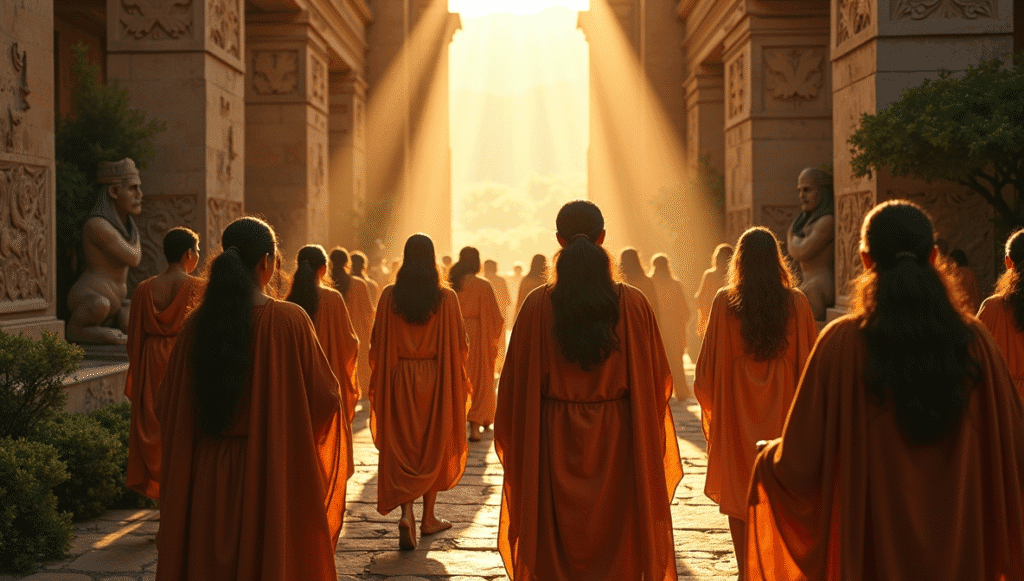 Ancient initiates enter a temple during the Eleusinian Mysteries, a gateway to esoteric knowledge and secret teachings.