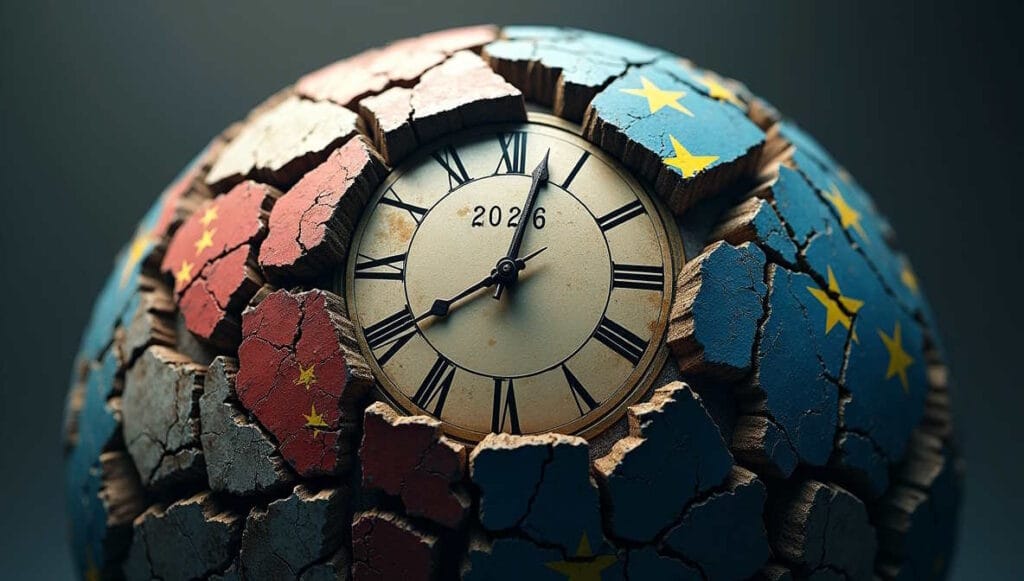 Cracked globe illustrating geopolitical supercycle and global power shift