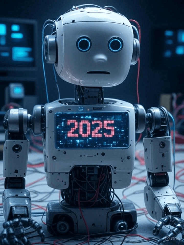 Illustration of AI glitch with confused robot: "AI glitches in 2025 showing a robot outputting wrong year data, capturing tech humor and underlying risks.