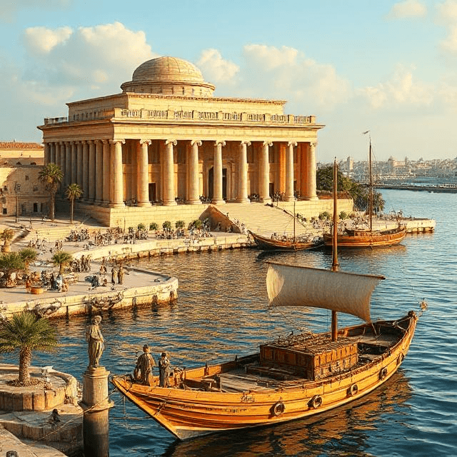 Iconic Library of Alexandria overlooking the sea, center of ancient knowledge and historical turning points.