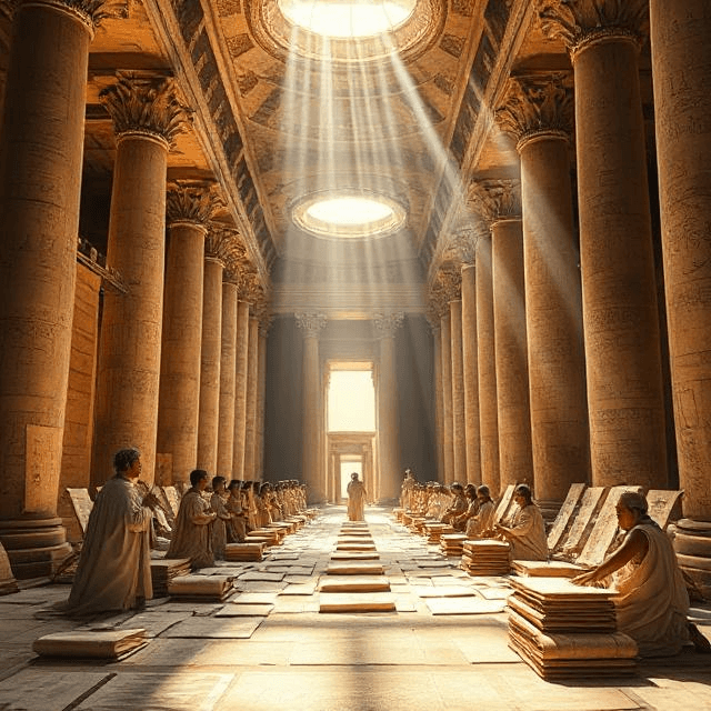 Scholars debating in the Library of Alexandria, hub of ancient knowledge and historical turning points.