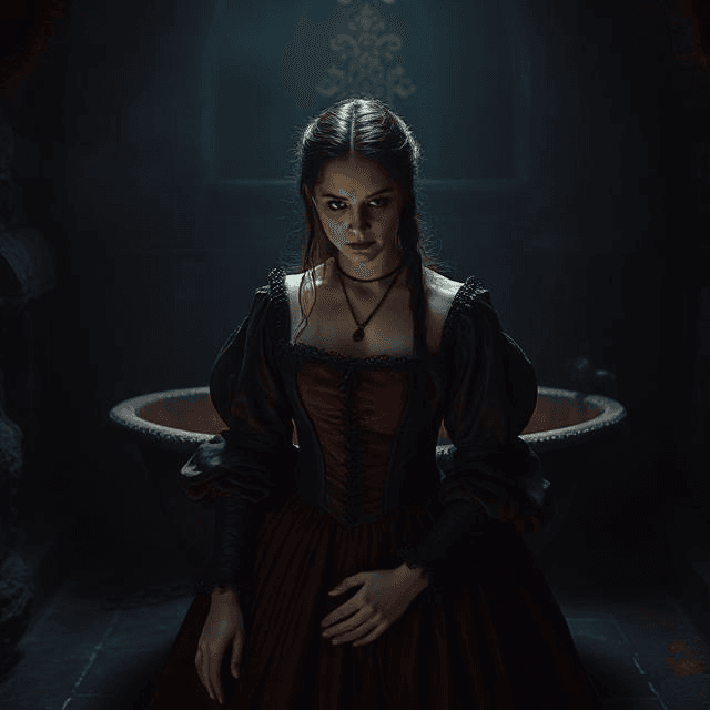 Elizabeth Bathory in castle, depicting sadomasochism in history and sexual depravity in her legendary rituals.
