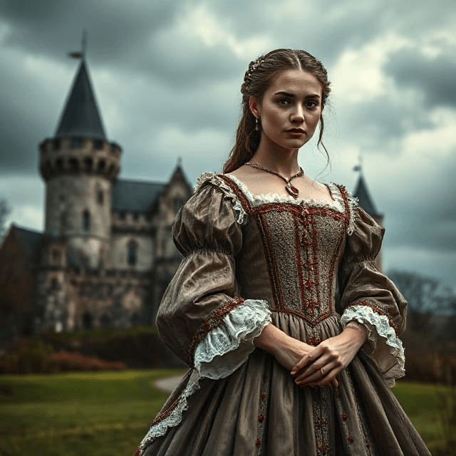 Young Elizabeth Bathory at castle, embodying sadomasochism in history through early forbidden desires.