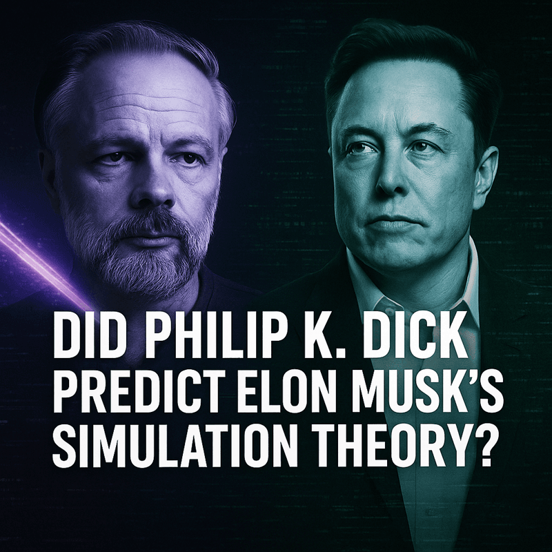 ortraits of Philip K. Dick and Elon Musk illuminated with glitch-like effects, symbolizing their connection through the simulation theory debate.