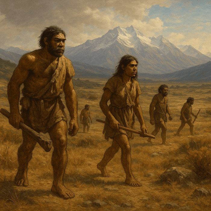 Early humans carrying tools across the ancient Georgian landscape, inspired by the 1.8-million-year-old jawbone discovery and human migration.