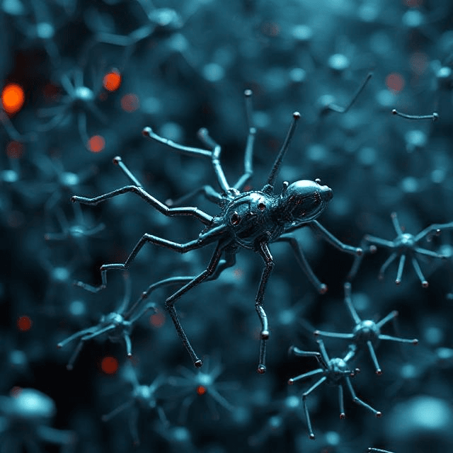 Self-replicating nanobots multiplying uncontrollably, a potential future weapon threat.