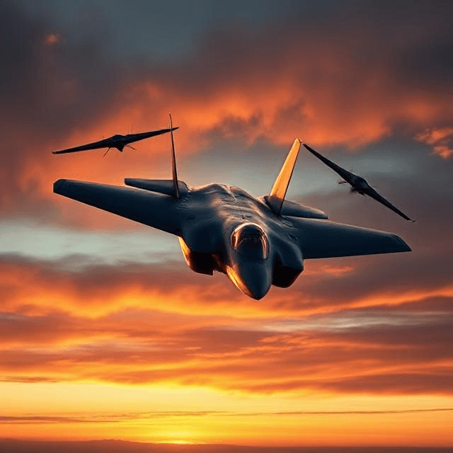 Collaborative Combat Aircraft YFQ-42A and YFQ-44A flying alongside an F-35 in formation—first fighter drone flight, CCA wingman revolution