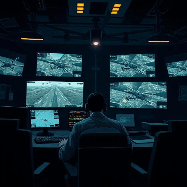 Drone strikes operator monitoring screens in remote control room