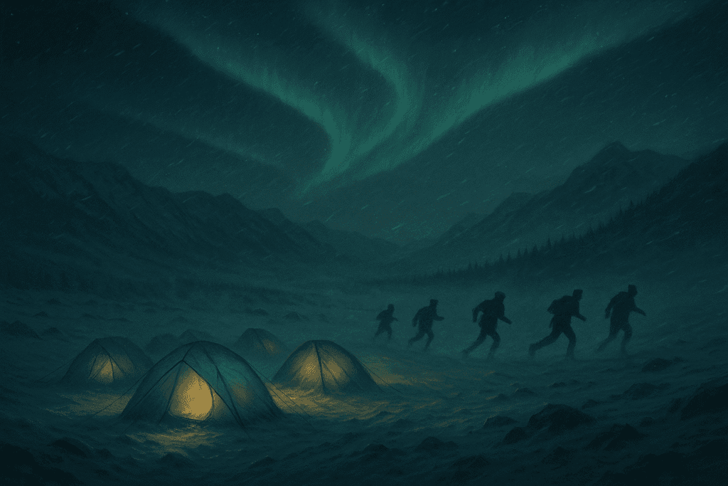 Hikers fleeing their campsite beneath the aurora during the 1959 Dyatlov Pass incident in Russia’s Ural Mountains