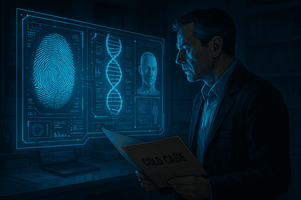 Detective using AI tools for cold case investigation 2025 in a forensic lab