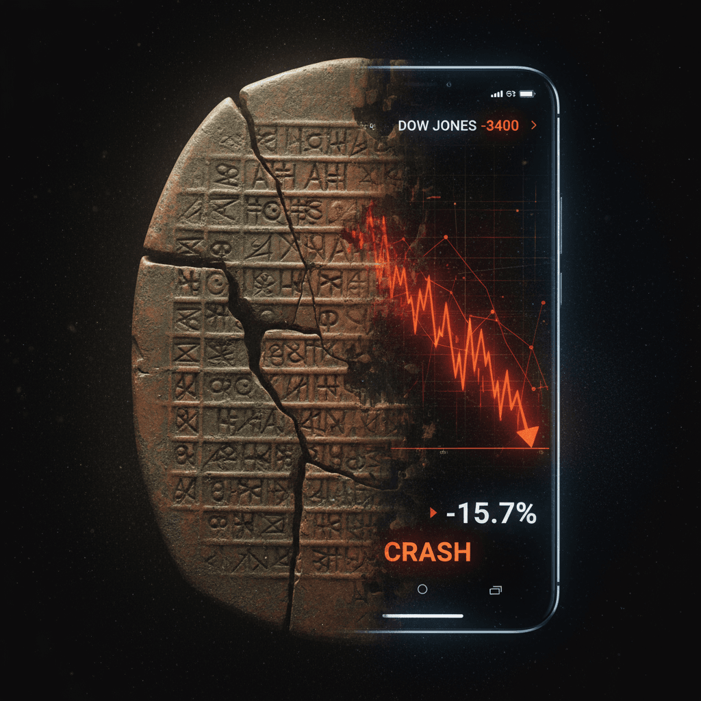 A cracked bronze age tablet showing modern societal collapse parallels with a plummeting stock market graph on a smartphone.
