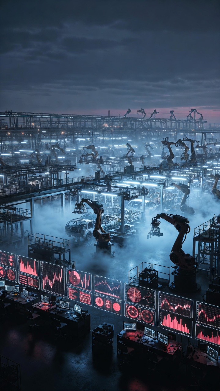Cinematic image of AI robotics factory illustrating economic risks from the robotics and AI revolution through job loss and declining demand visuals