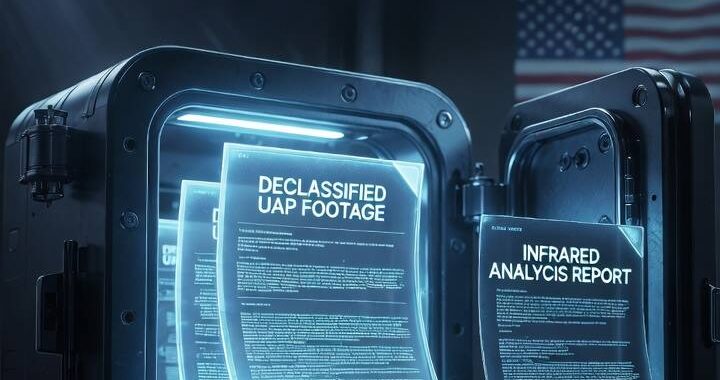 Official war.gov/ufo portal cover image showing holographic declassified UAP files and infrared videos emerging from a secure government archive, dark cinematic style, 2026