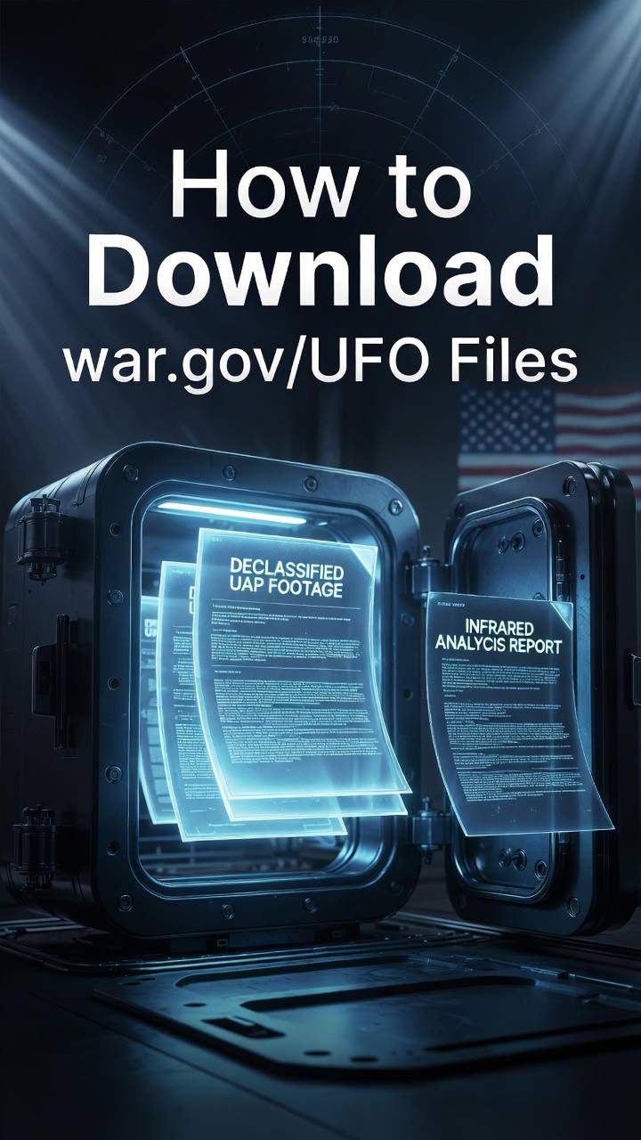 Official war.gov/ufo portal cover image showing holographic declassified UAP files and infrared videos emerging from a secure government archive, dark cinematic style, 2026