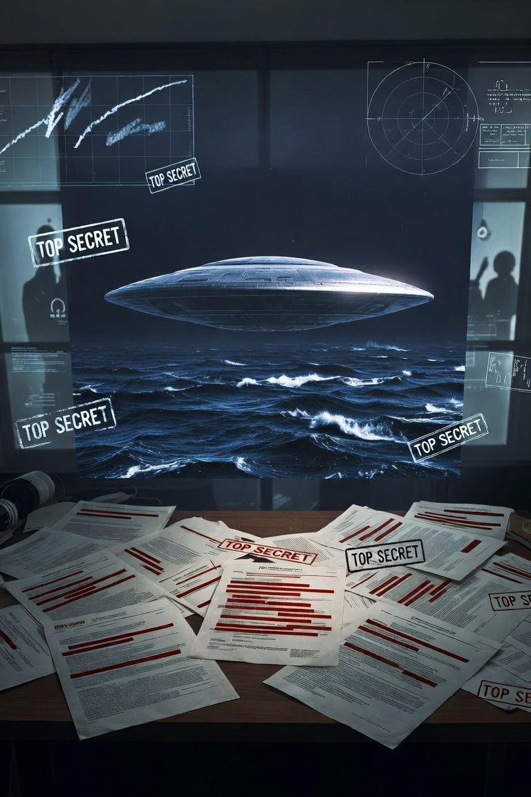 Redacted documents and UAP disc visualization representing Pentagon files on crash retrievals and hidden programs