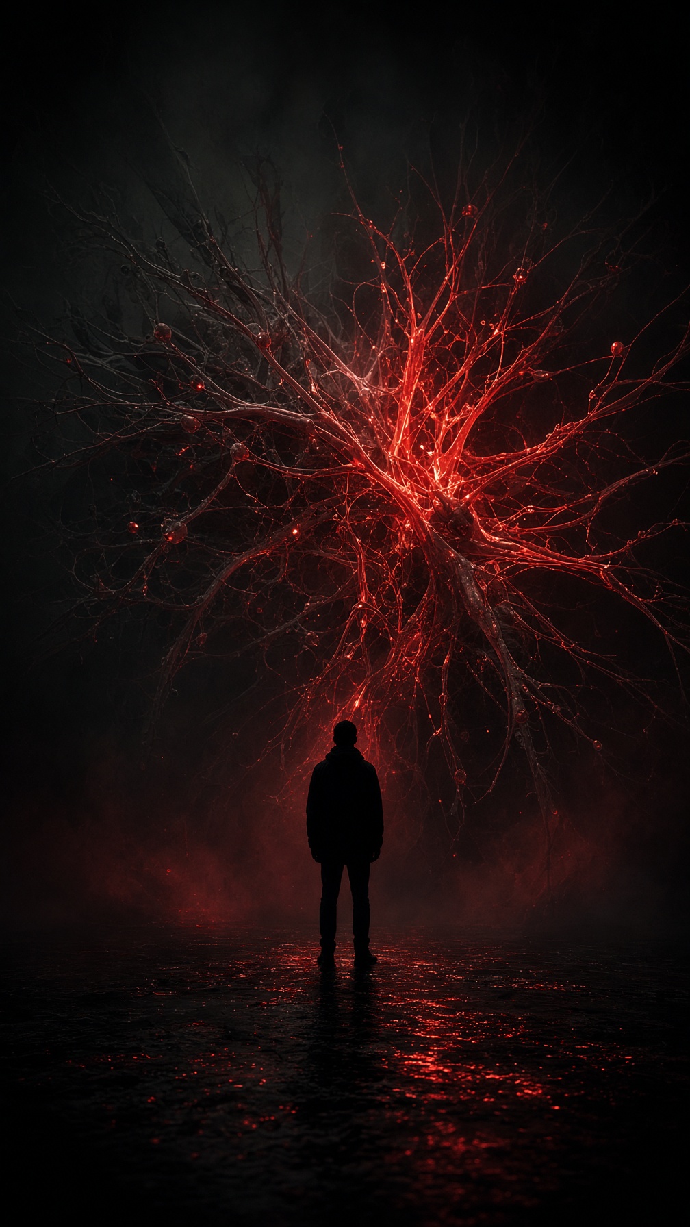 Silhouette facing an evolving AI neural network symbolizing unpredictable complex systems