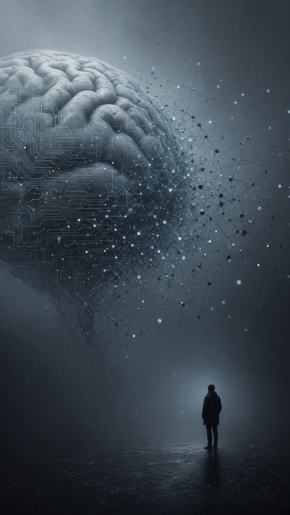 Conceptual visual of cognitive atrophy from algorithmic decision engines