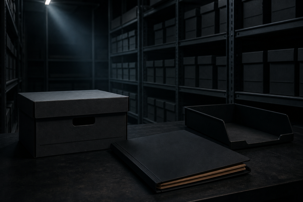 Dark archival vault with sealed legal dossier and muted institutional lighting, symbolising the mandated NARA UAP Records Collection and Record Group 615 transfer gaps