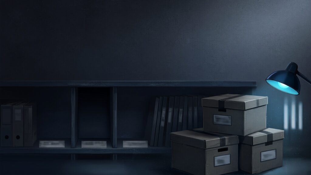 Dark portrait analytical illustration of an empty archival binder slot beside sealed Historical Record Report Volume I boxes under cold institutional light—no readable text, no UFO craft, no fake letterhead.