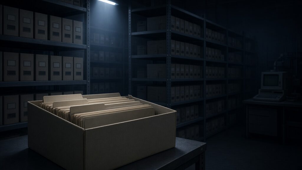 Dark institutional archive vault with labeled CREST-style folder stacks and a single open remote-viewing research binder under cold reading-room light—no psychic imagery, no craft, no readable fake stamps.